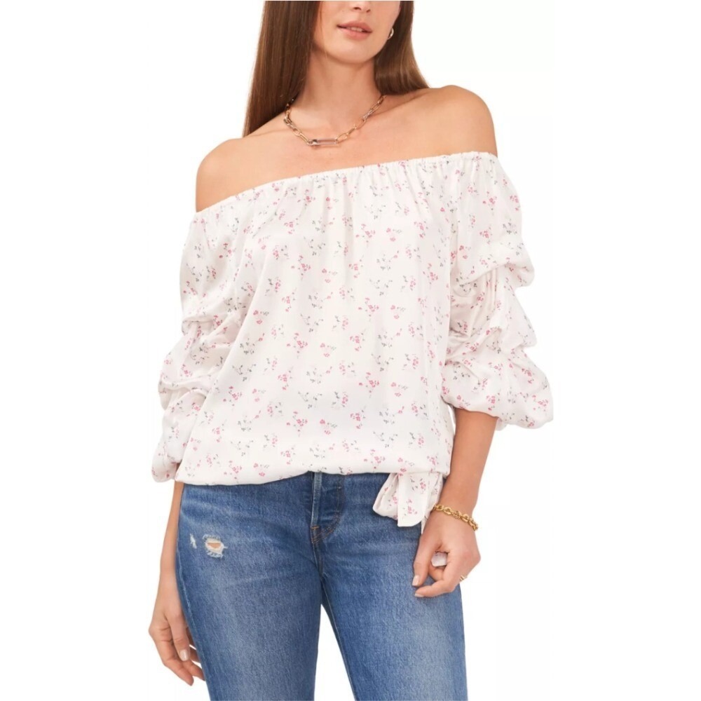 Vince Camuto Floral Off Shoulder Ruffle‎ Sleeve Tie-Waist Blouse XS NWT $88